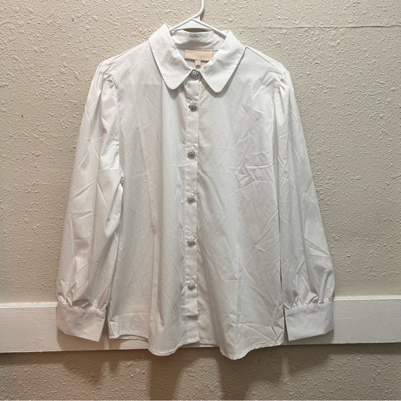Grand & Greene White Botton Down Blouse with Faux Pearl Cluster Buttons NWT L - Picture 1 of 5